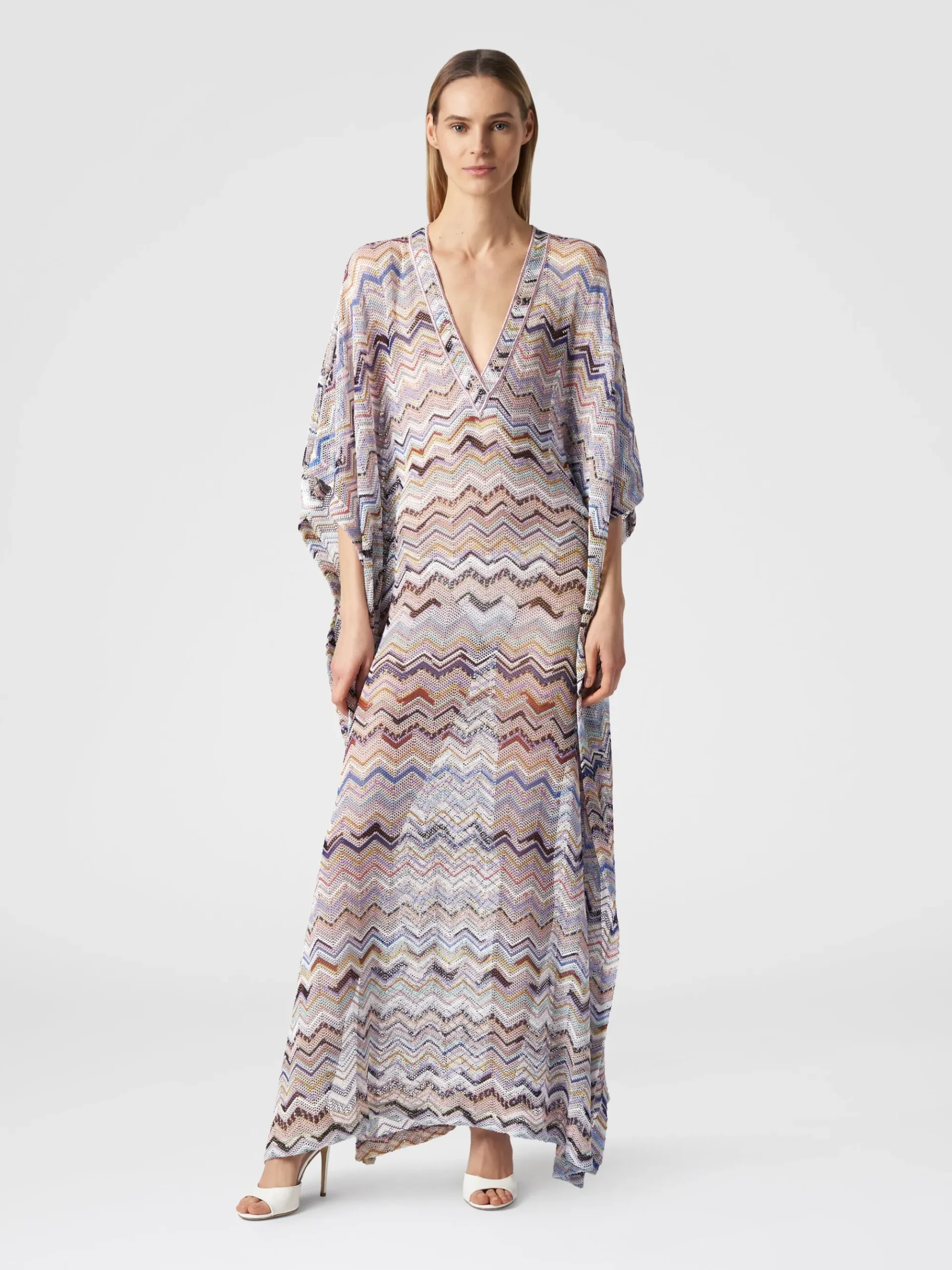 Long cover up kaftan in zigzag viscose with lurex