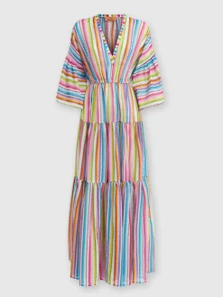 Long cover-up dress with flounces and zig zag print