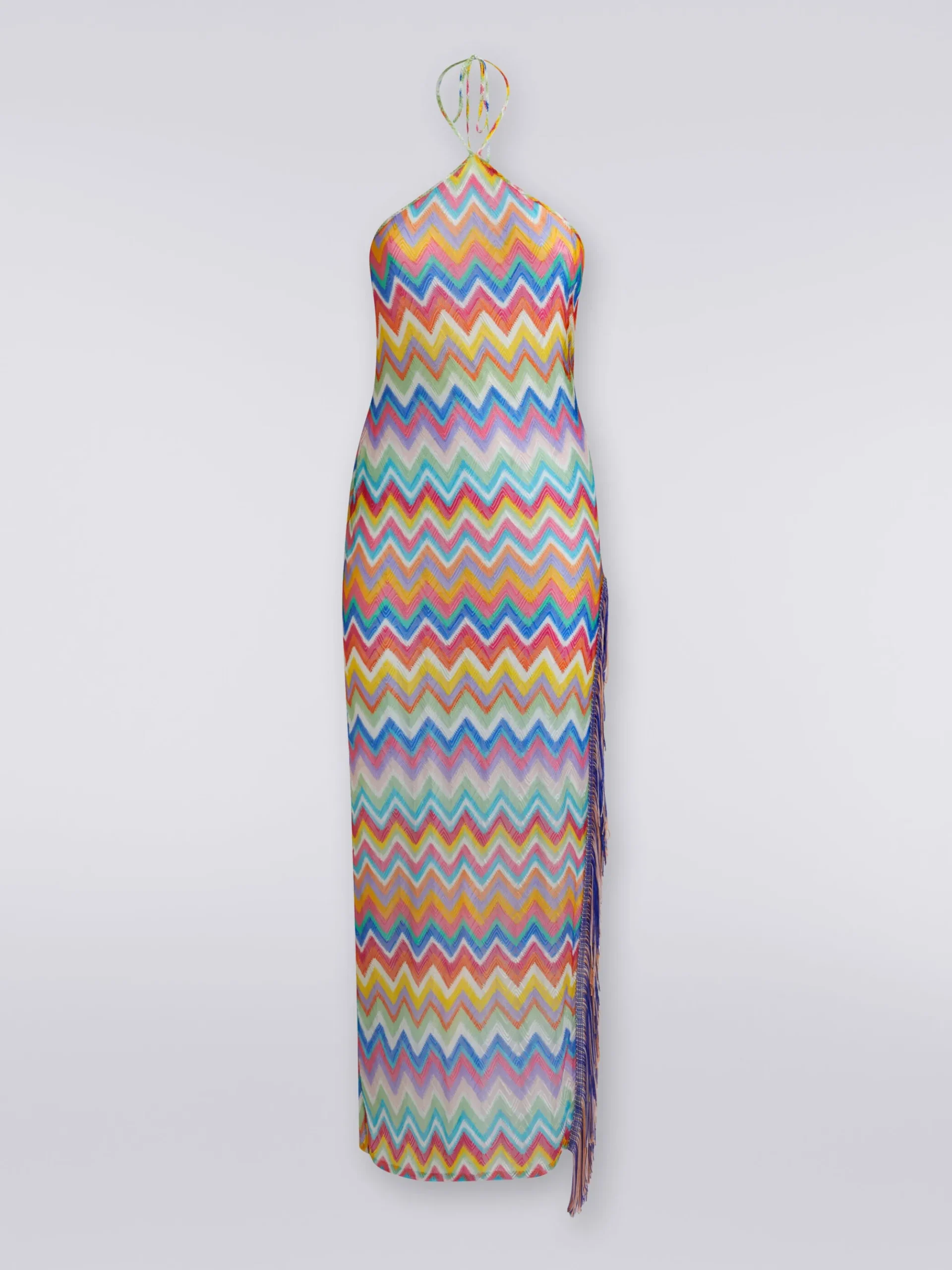 Long cover-up dress with zigzag print and fringes
