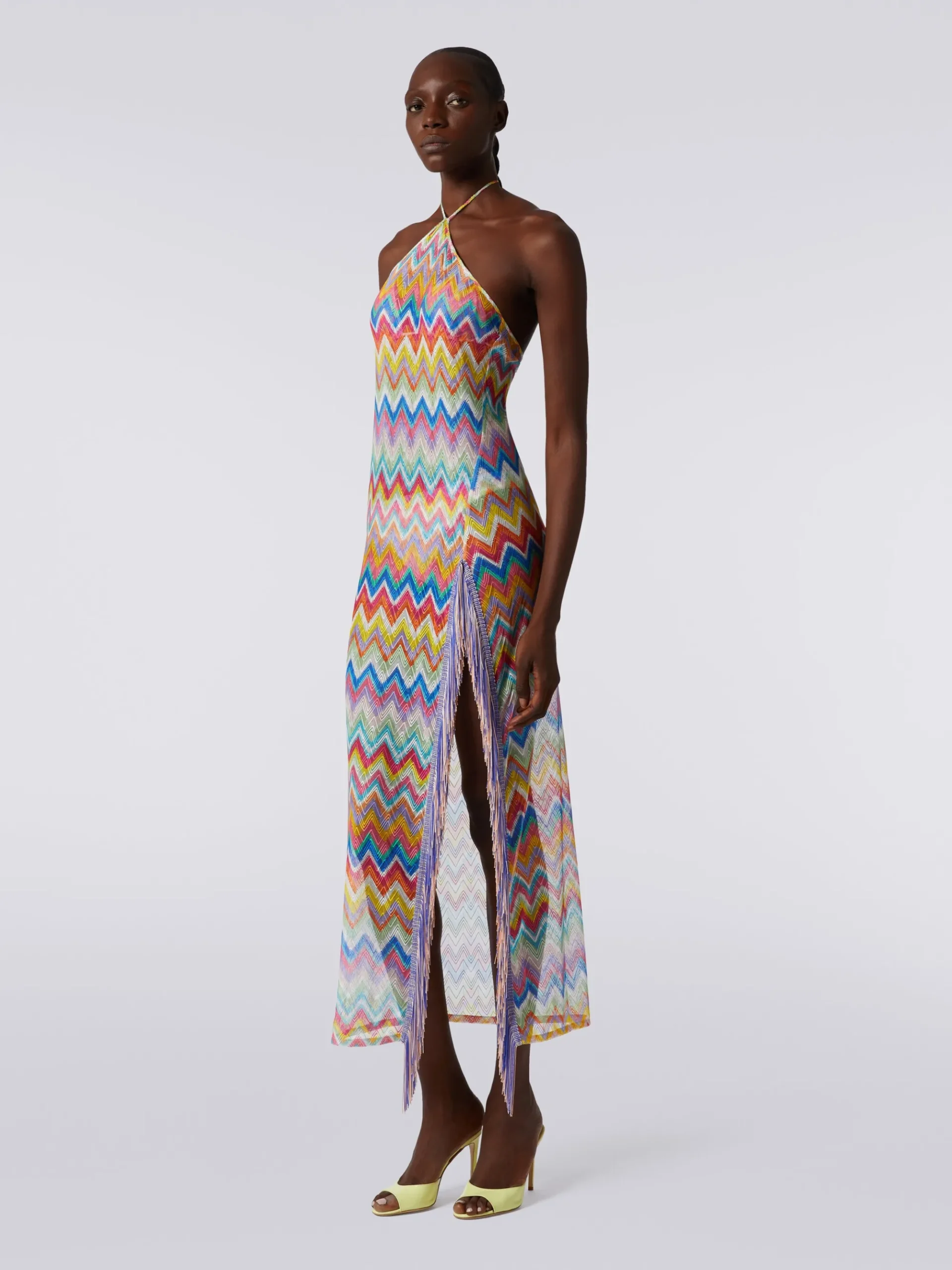Long cover-up dress with zigzag print and fringes