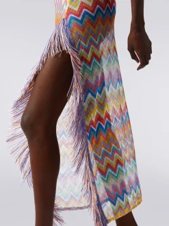 Long cover-up dress with zigzag print and fringes