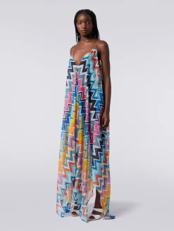 Long cover-up with neck scarf cut in printed cotton and silk