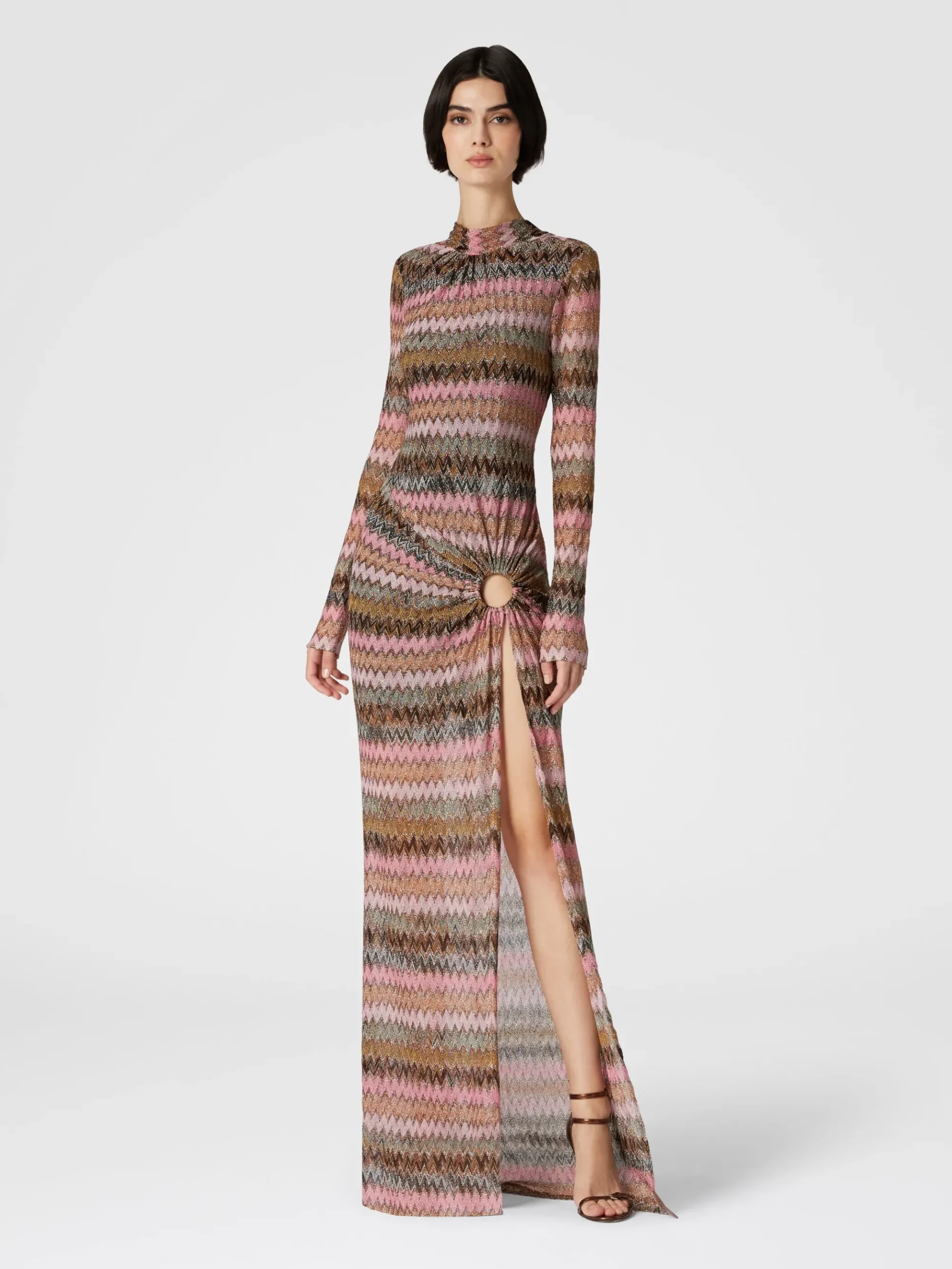 Long dress in chevron viscose and lurex with cut-out detail
