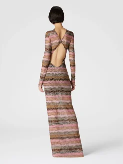 Long dress in chevron viscose and lurex with cut-out detail