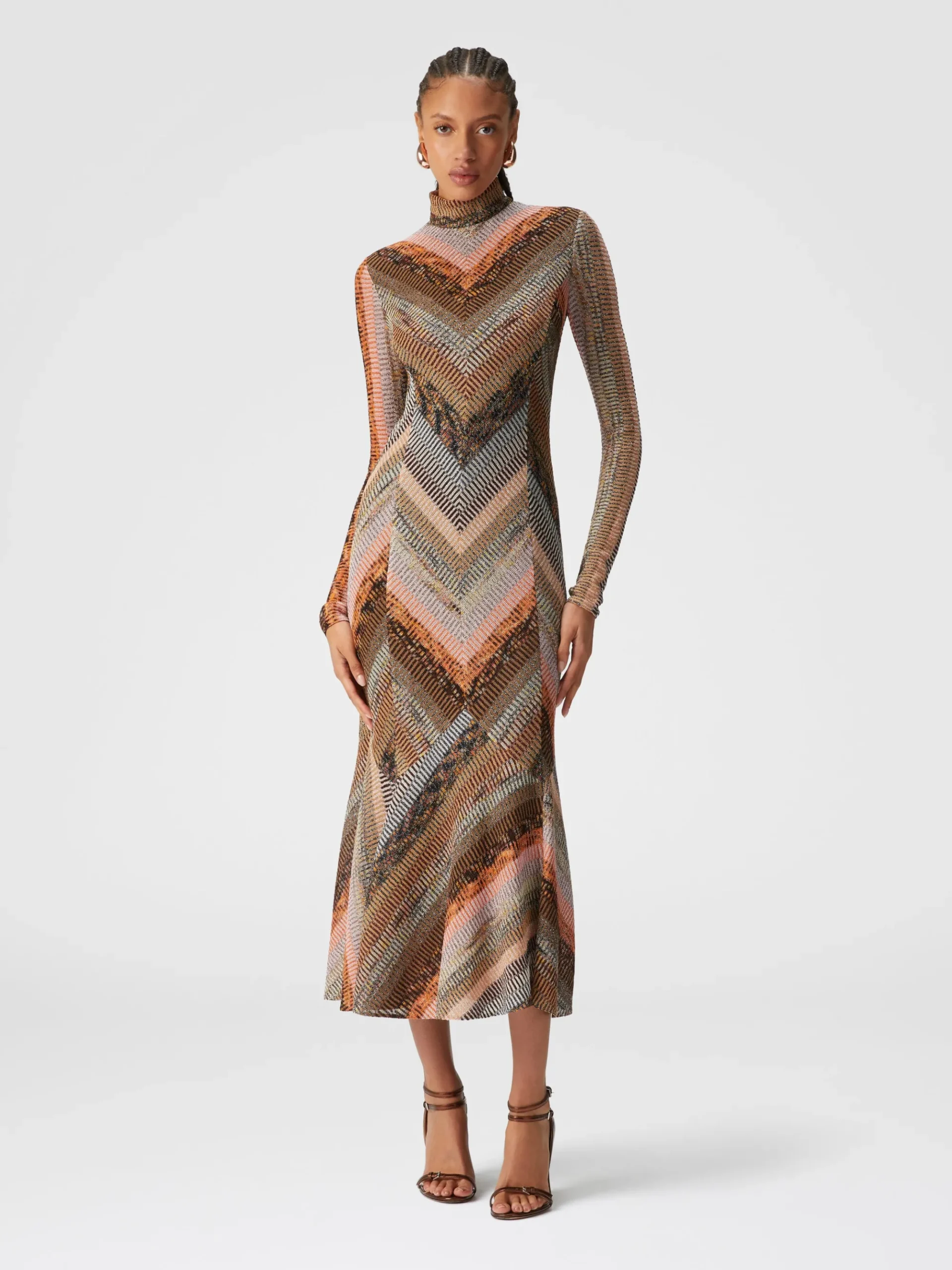 Long dress with flared hem and mock neck with zip