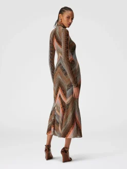 Long dress with flared hem and mock neck with zip