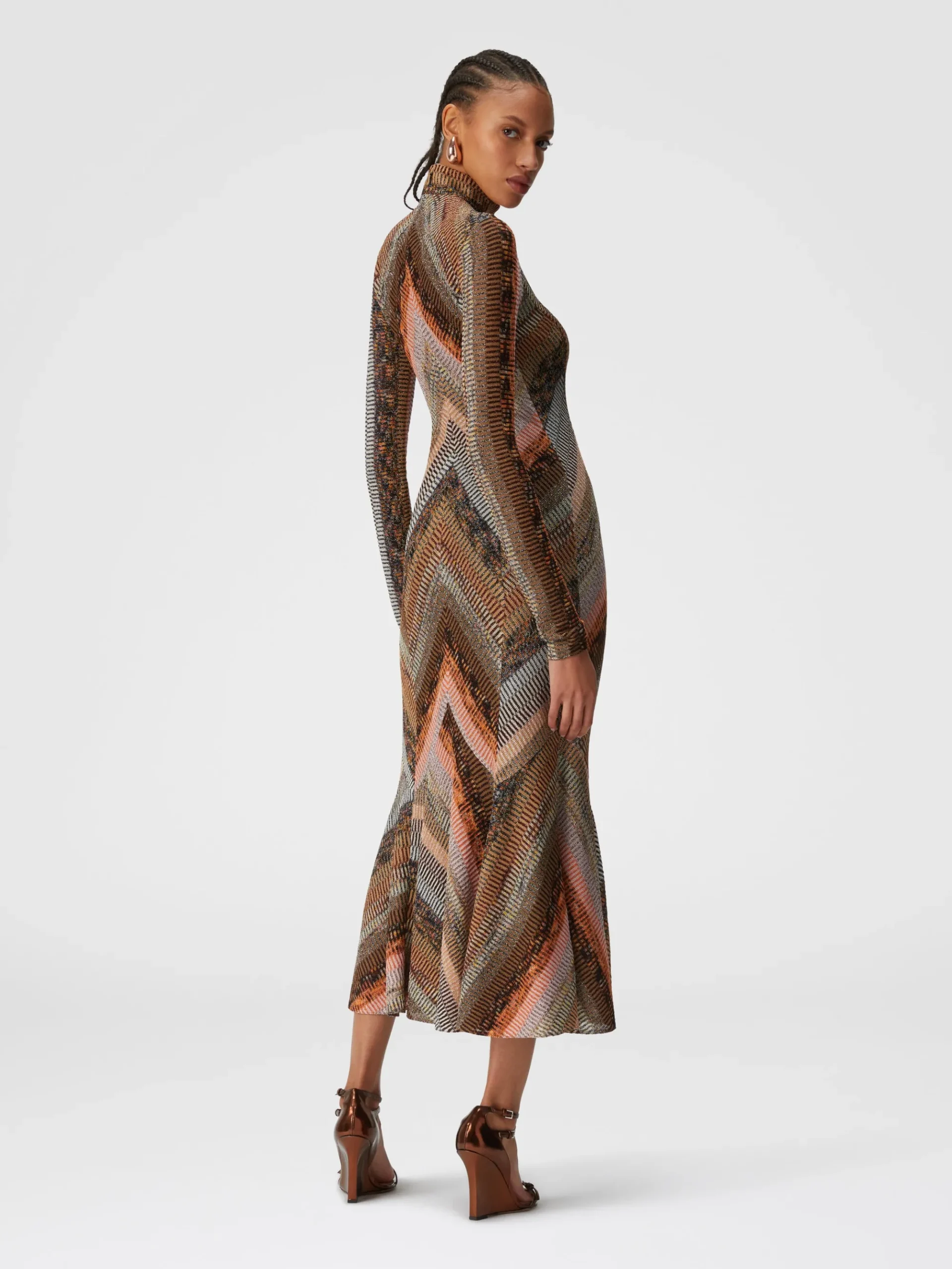 Long dress with flared hem and mock neck with zip