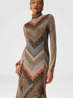 Long dress with flared hem and mock neck with zip