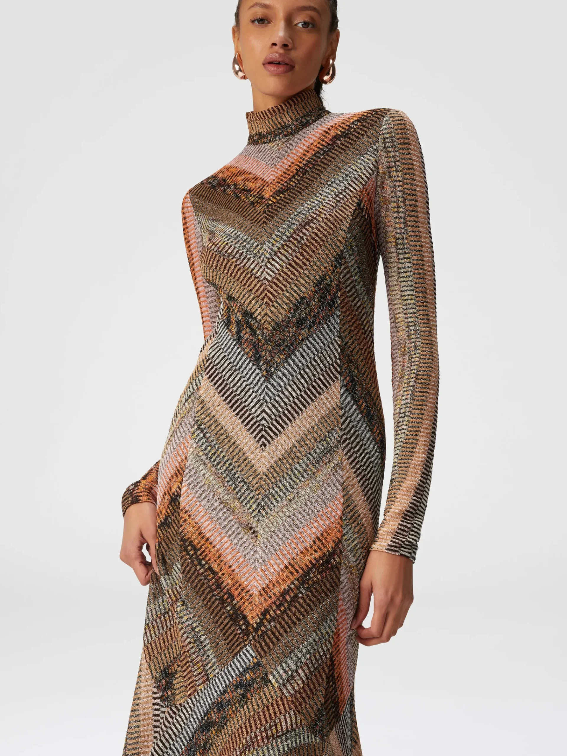 Long dress with flared hem and mock neck with zip
