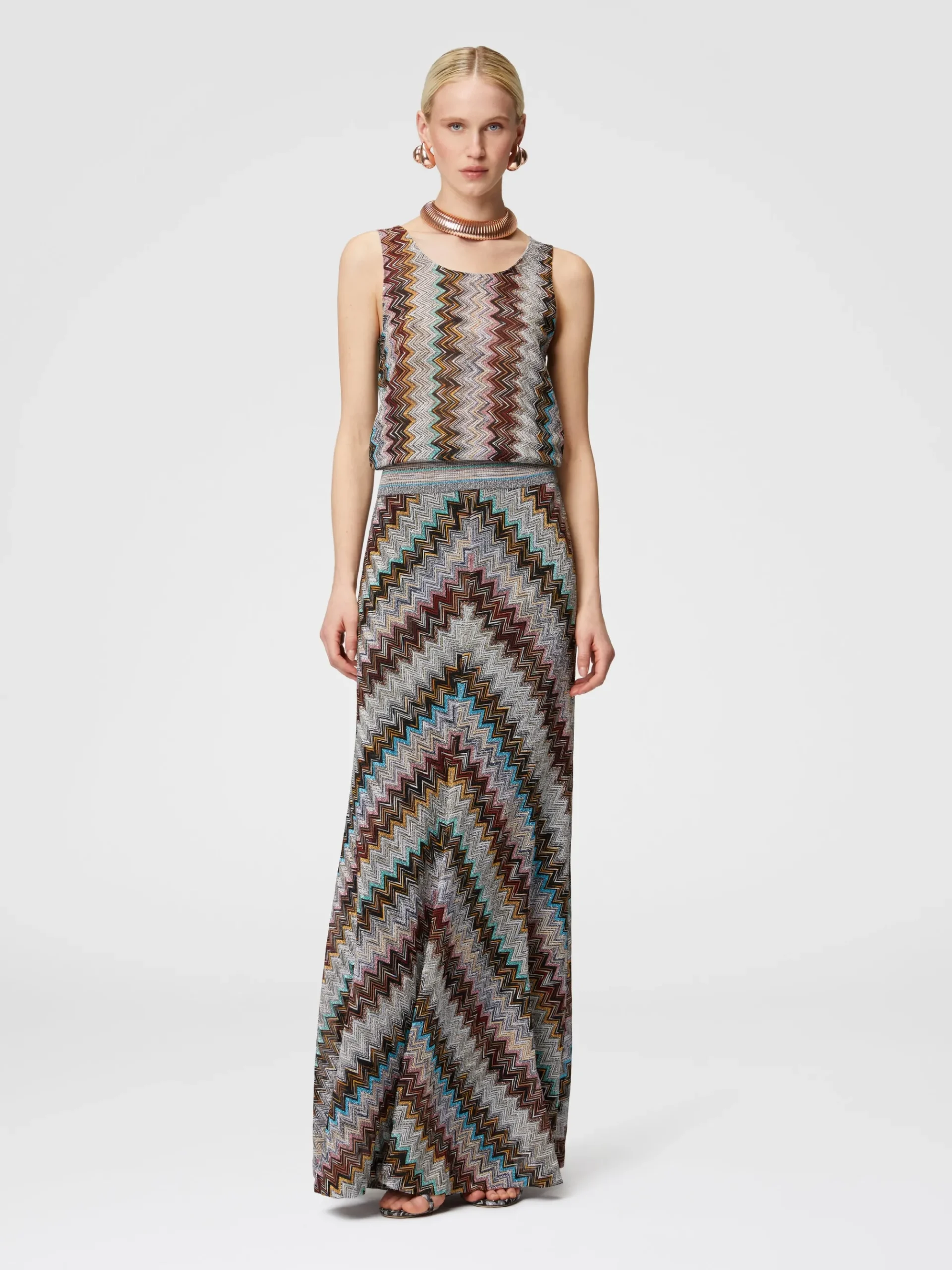 Long flared skirt with lamé slub zigzag motif
