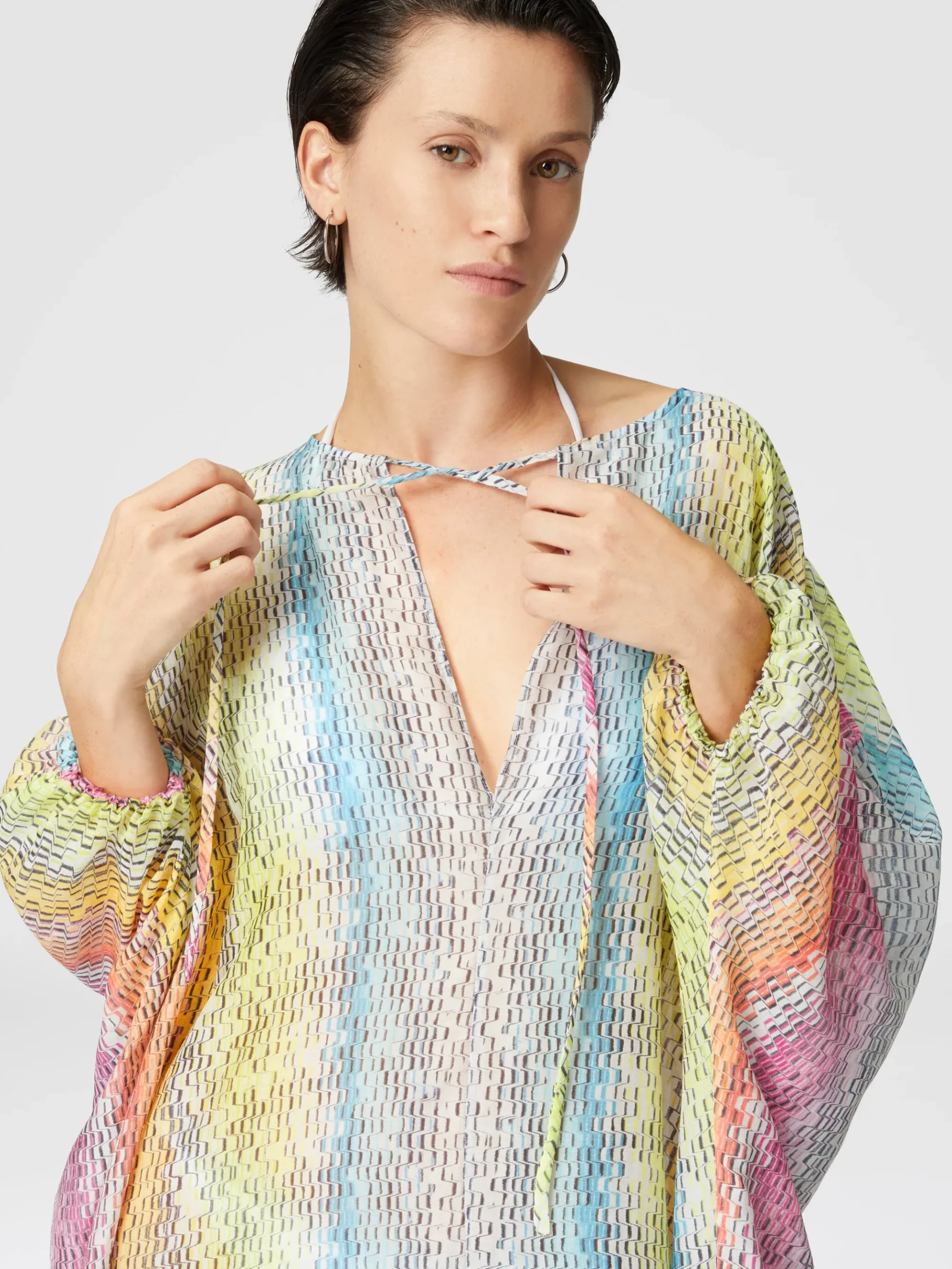 Long kaftan in printed cotton and silk blend