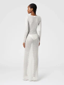 Long lace-effect dress with V neckline and appliqués