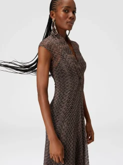 Long lamé lace dress with torchon neckline