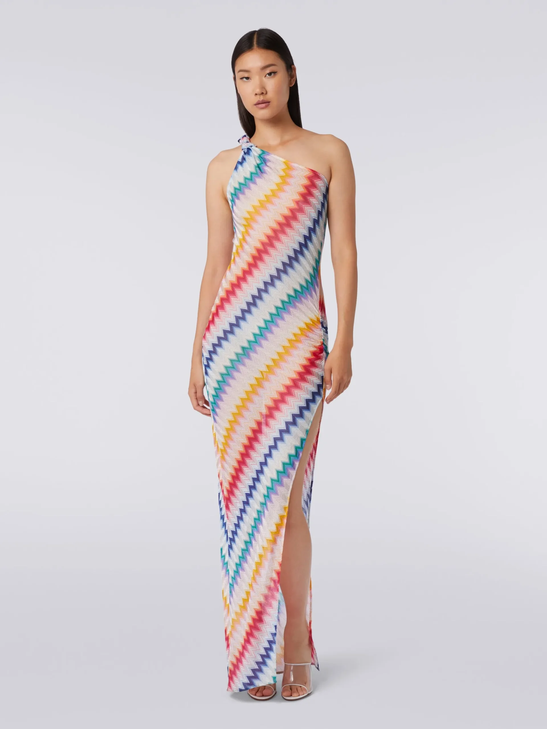 Long one-shoulder cover up with zigzag print