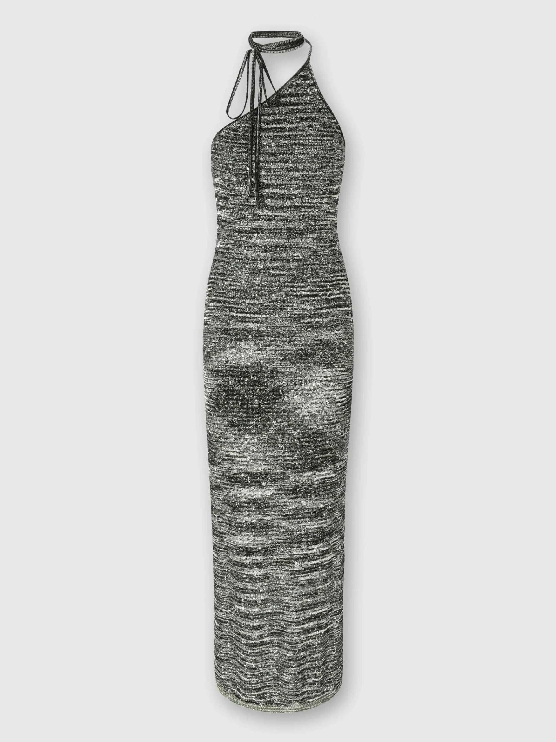 Long one-shoulder dress in slub knit with sequins