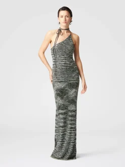 Long one-shoulder dress in slub knit with sequins
