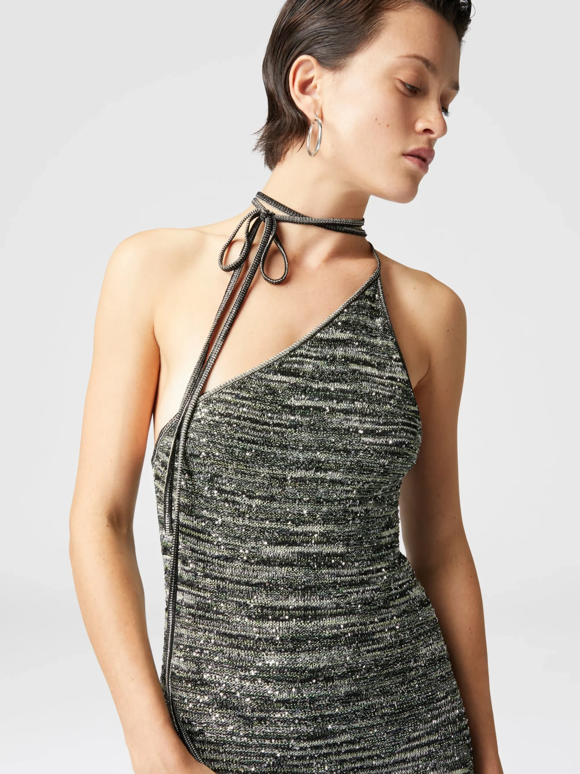 Long one-shoulder dress in slub knit with sequins