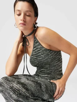 Long one-shoulder dress in slub knit with sequins