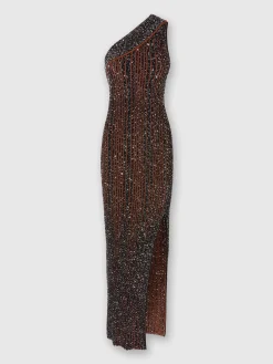 Long one-shoulder ribbed dress with sequins and slit