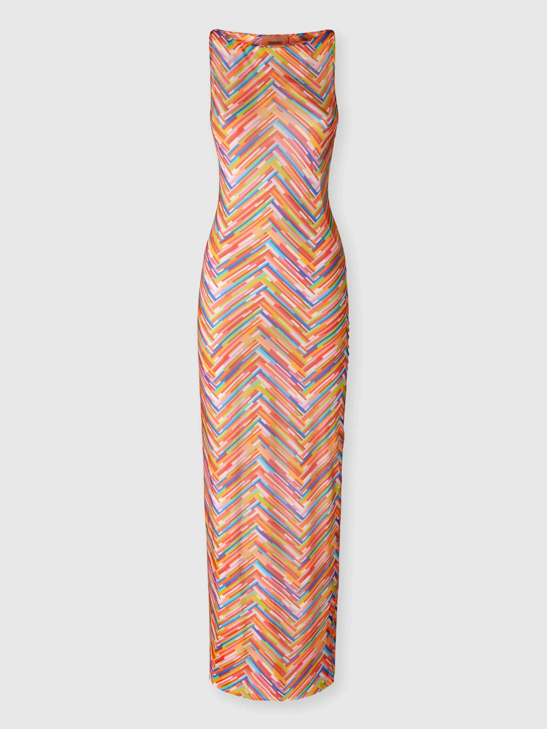 Long sleeveless dress in printed tulle