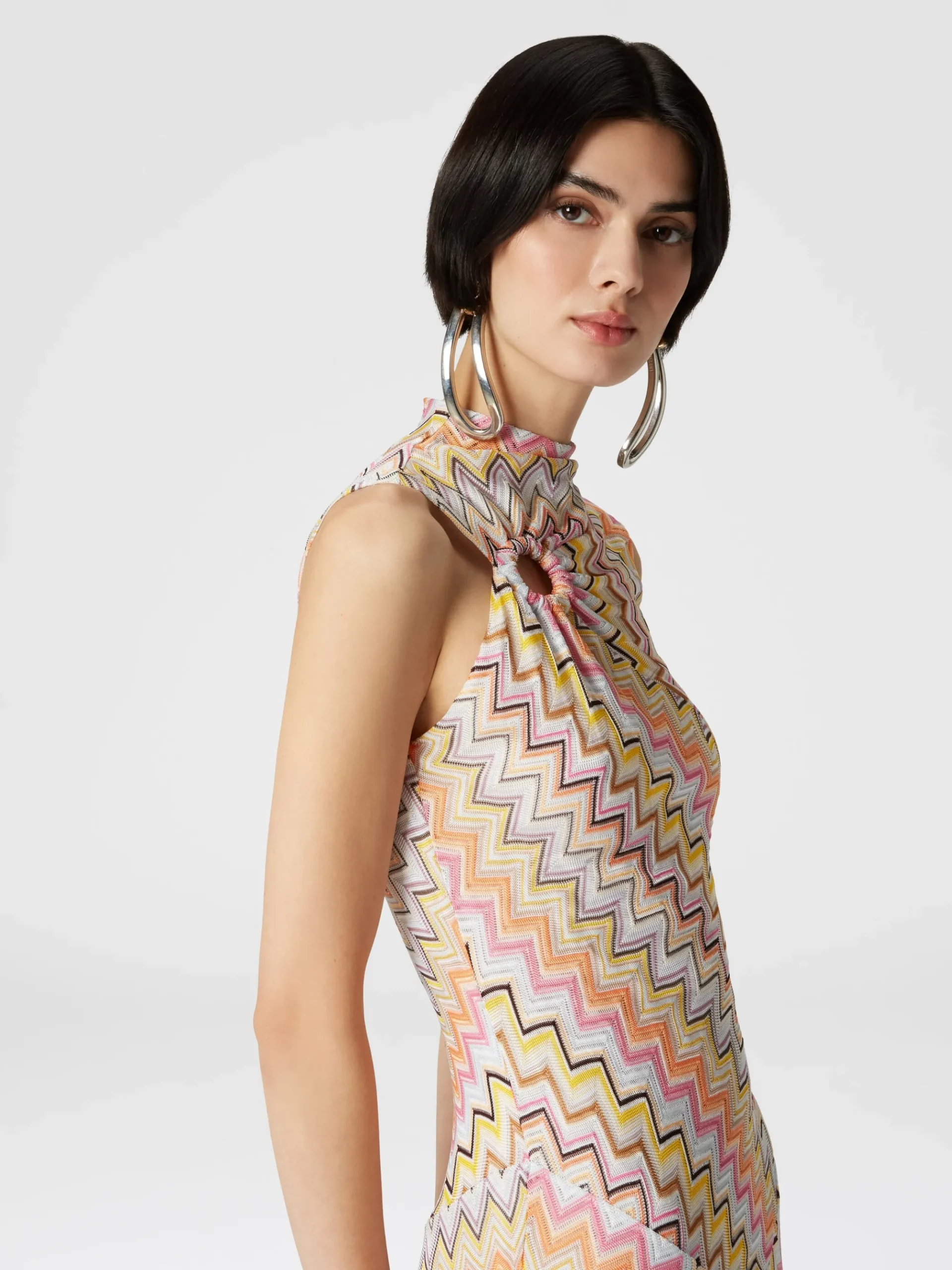 Long sleeveless dress with gathered neckline