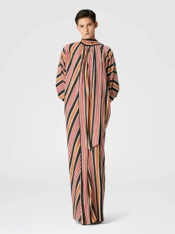Long striped cotton and viscose dress with knotted collar