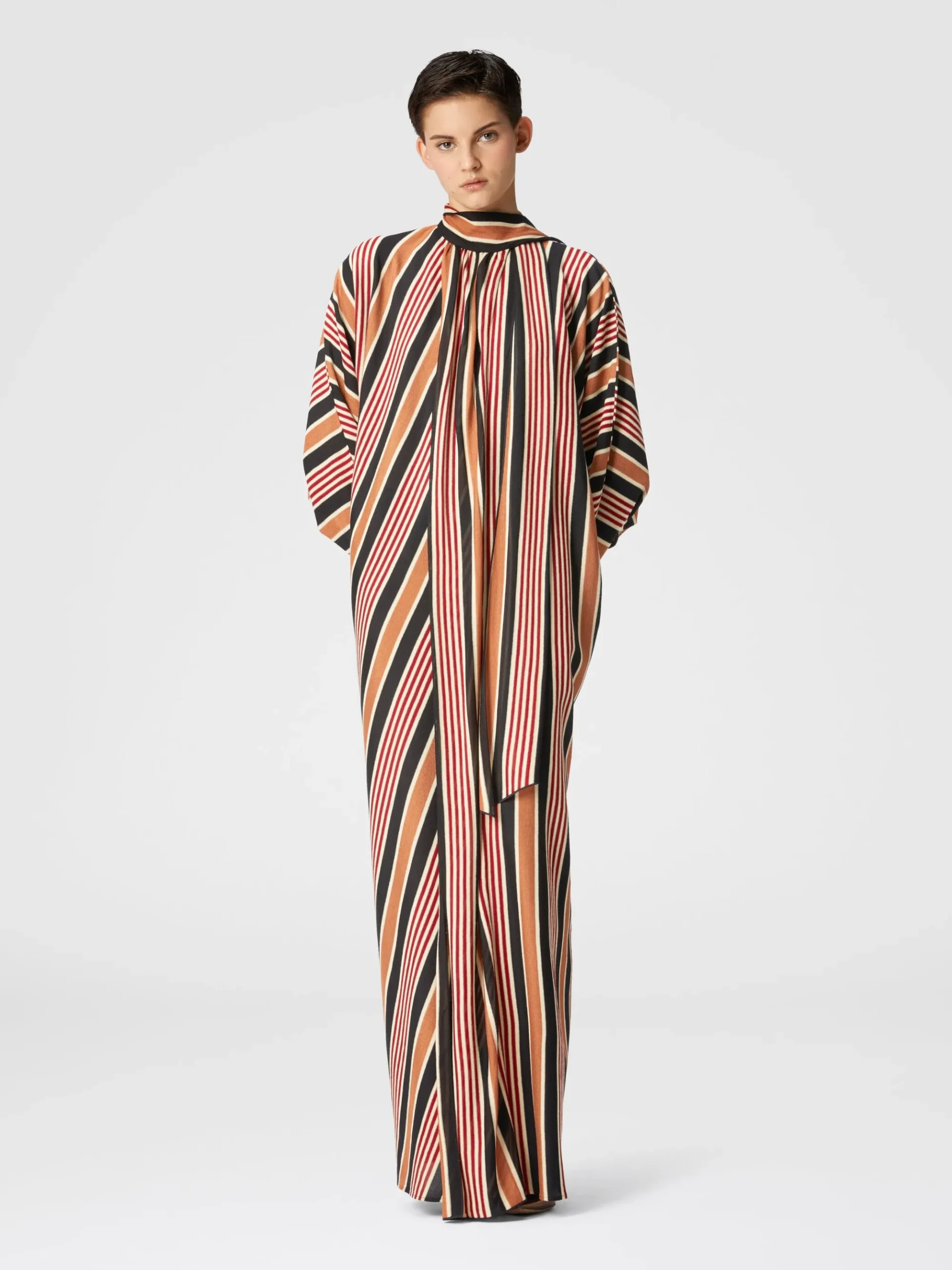 Long striped cotton and viscose dress with knotted collar