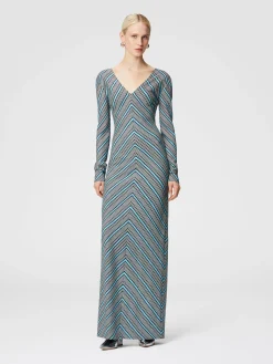 Long striped dress with plunging V-neckline