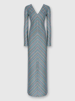 Long striped dress with plunging V-neckline