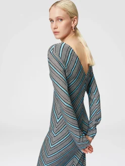 Long striped dress with plunging V-neckline