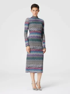 Long turtleneck dress in zig zag wool