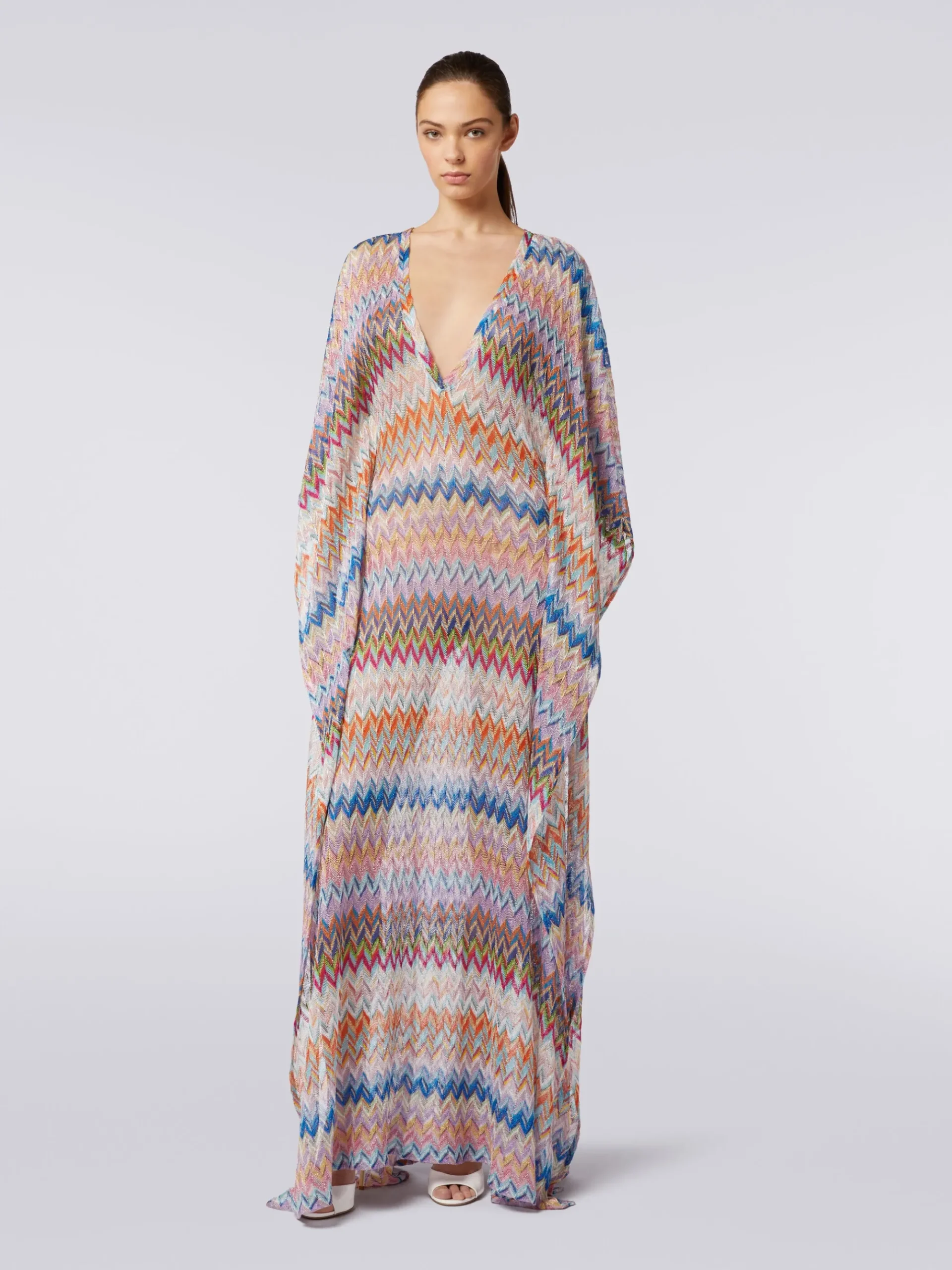 Long V-neck cover-up kaftan with lurex