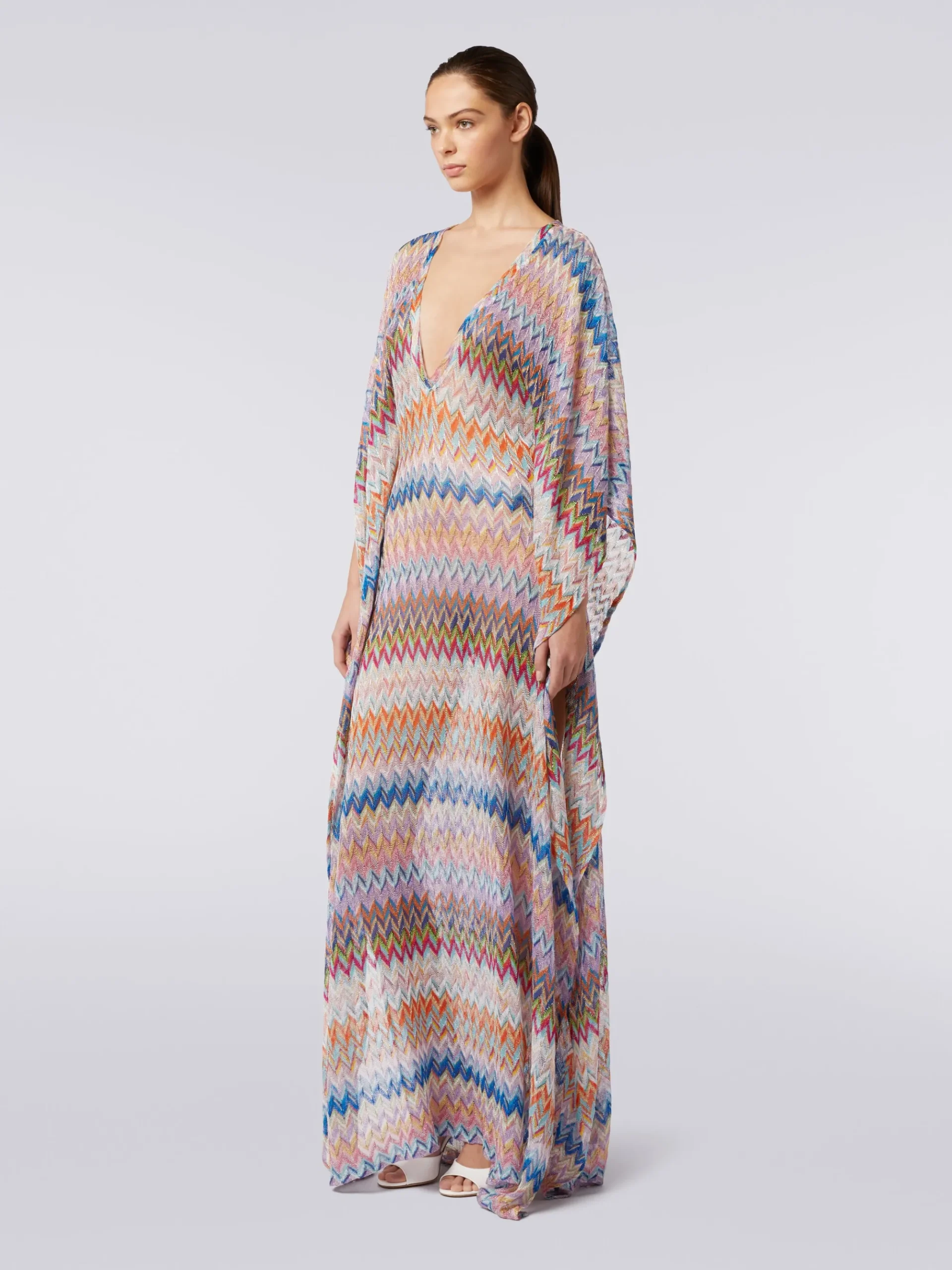 Long V-neck cover-up kaftan with lurex
