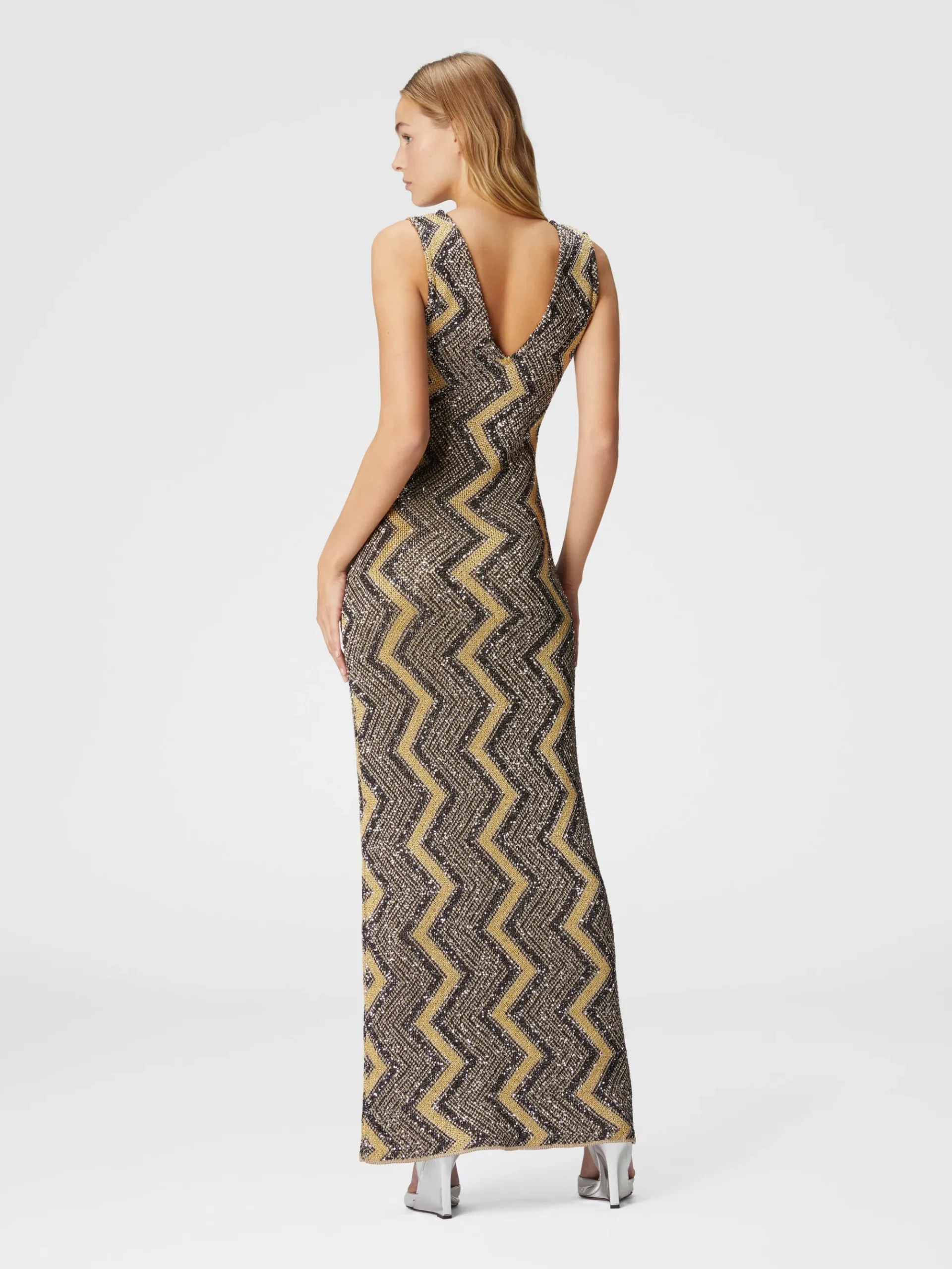 Long zig zag dress with plunging neckline and sequins