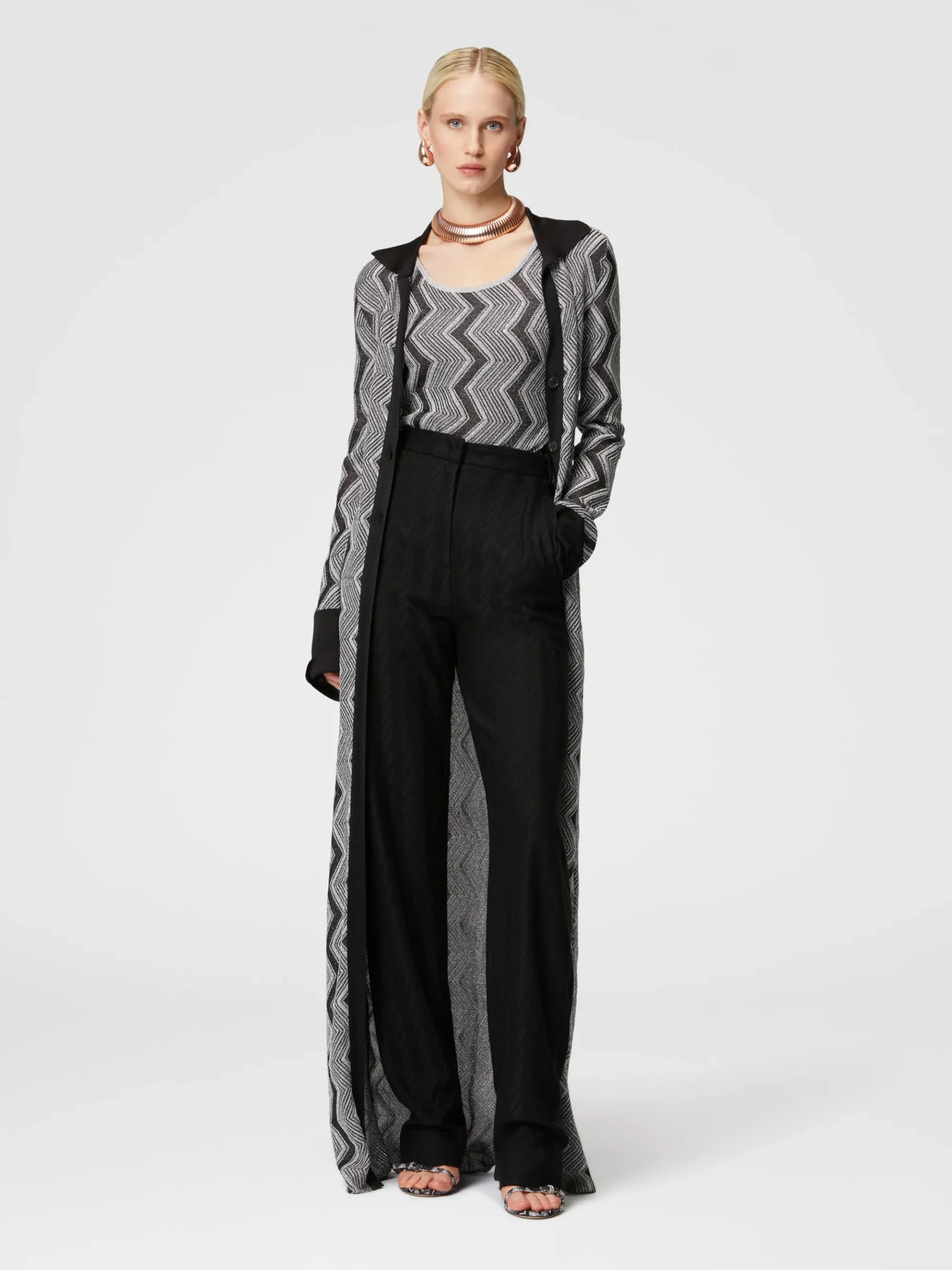 Long zig zag lamé viscose cardigan