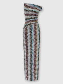 Long zigzag lamé dress with asymmetrical neckline