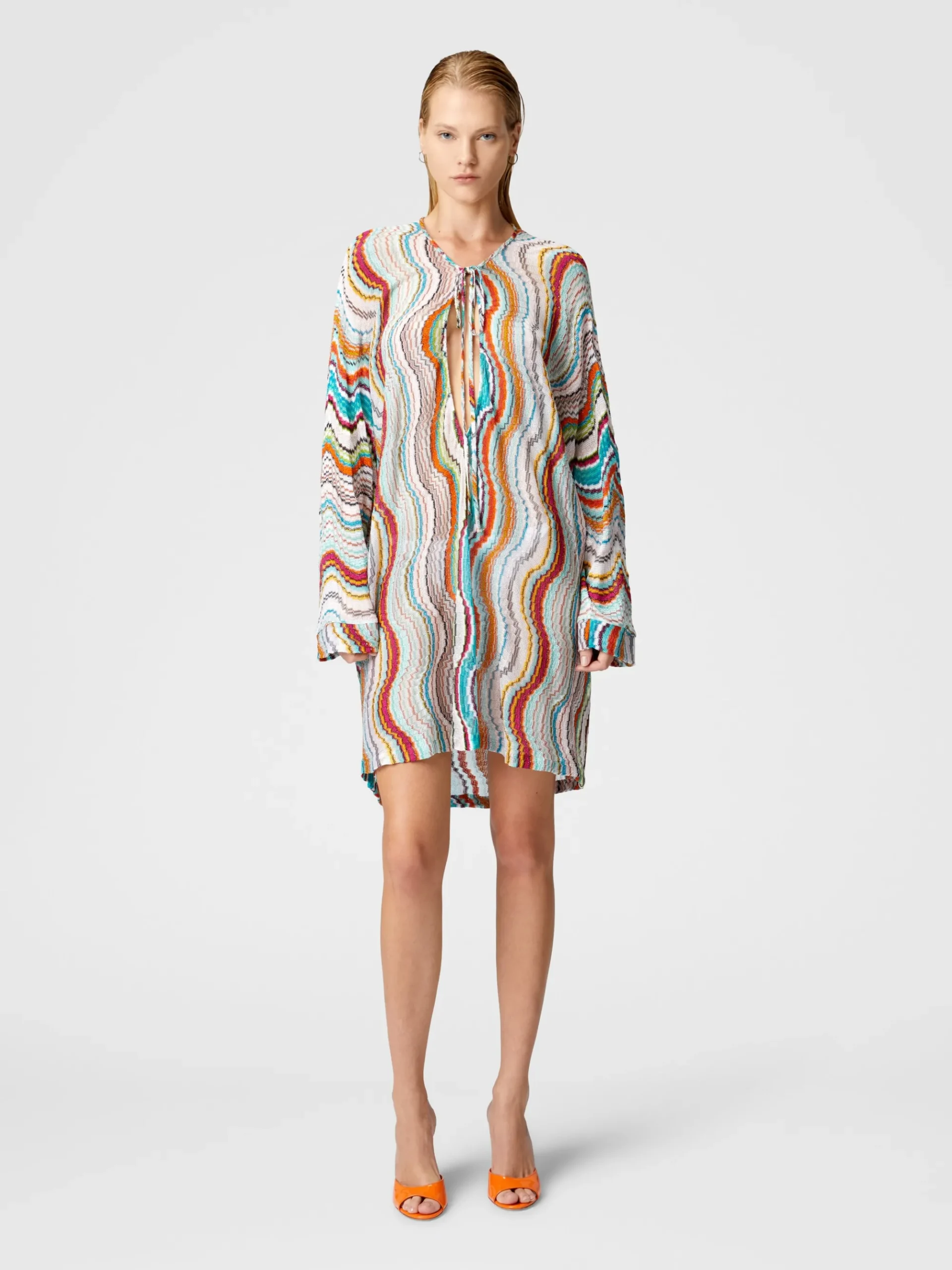 Long-sleeved cover-up kaftan with lamé wave motif