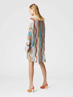Long-sleeved cover-up kaftan with lamé wave motif