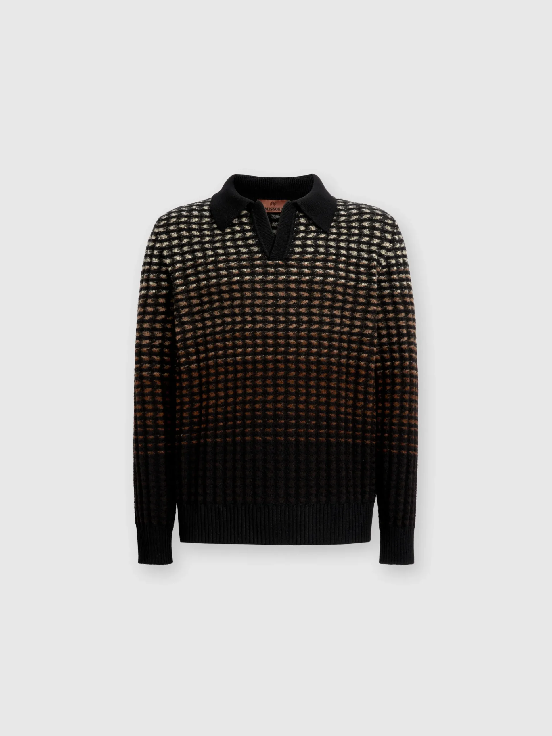 Long-sleeved polo shirt in textured virgin wool knit