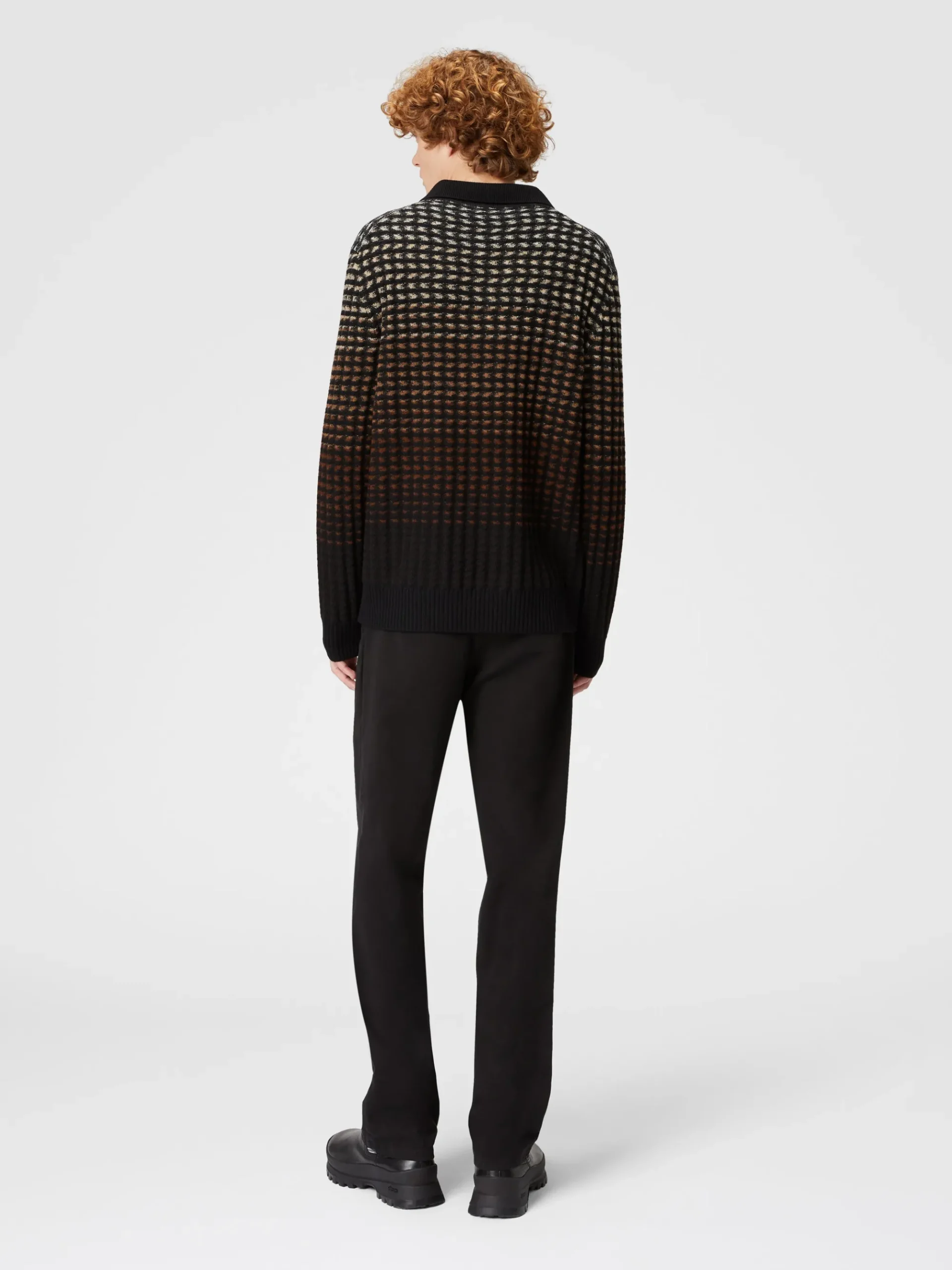 Long-sleeved polo shirt in textured virgin wool knit