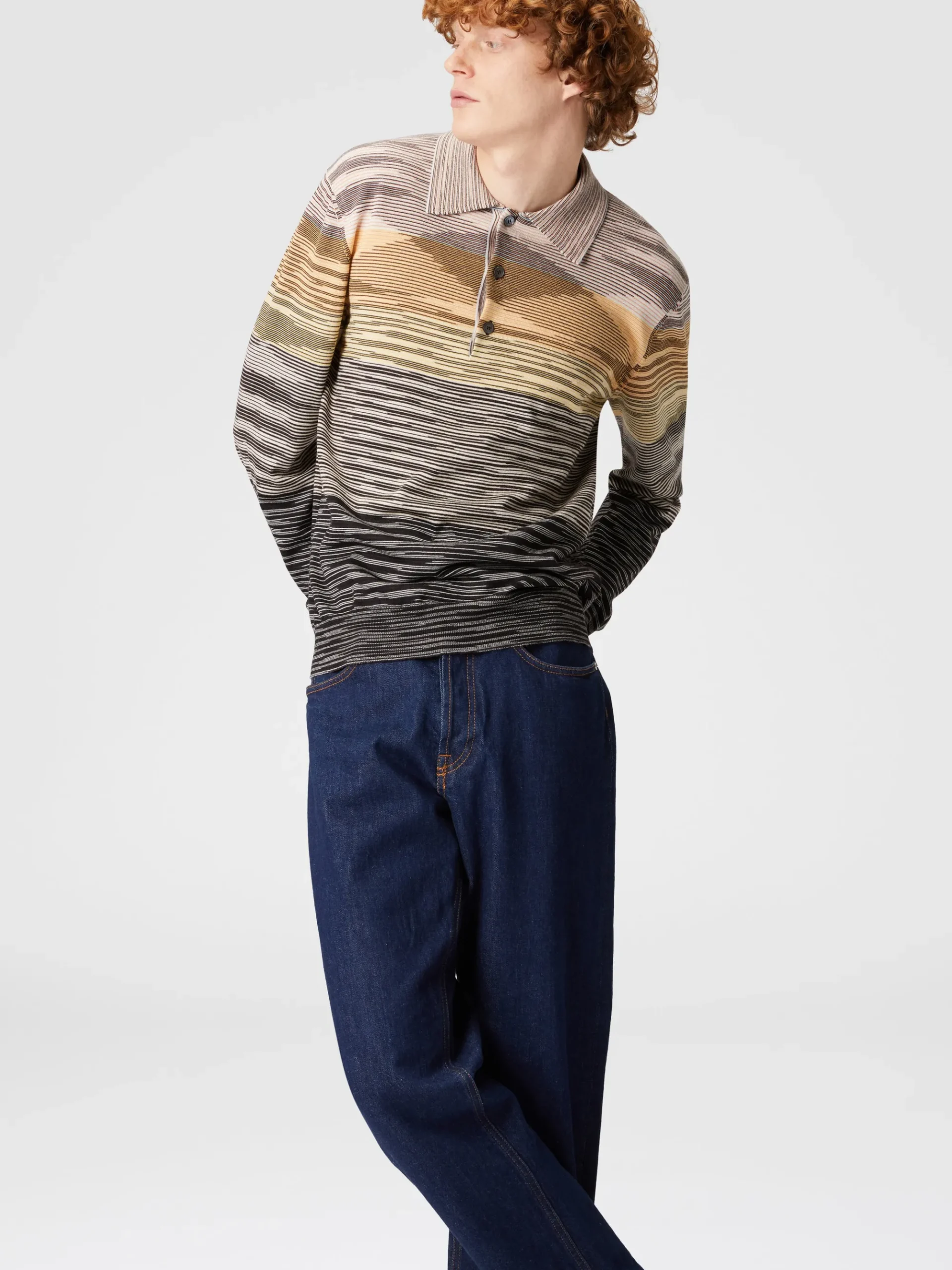Long-sleeved polo shirt in slub wool