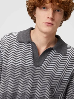 Long-sleeved polo shirt in zigzag virgin wool