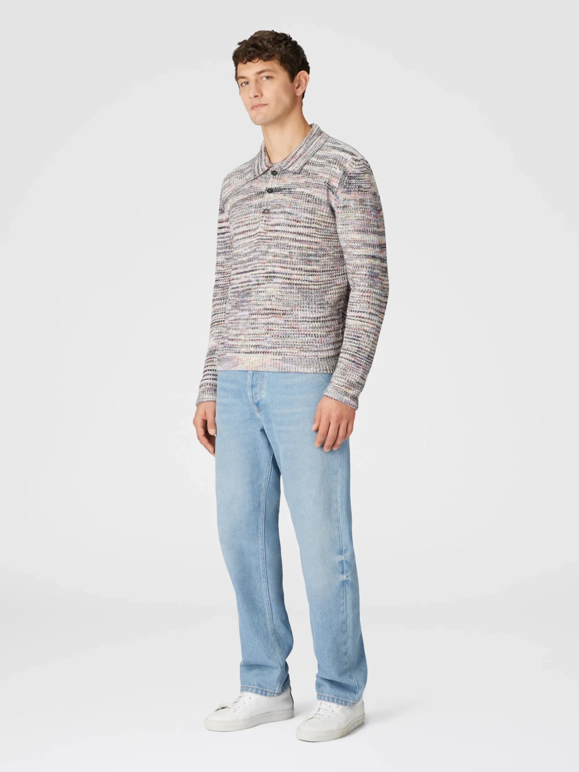 Long-sleeved polo shirt in cashmere and wool with slub motif