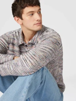 Long-sleeved polo shirt in cashmere and wool with slub motif