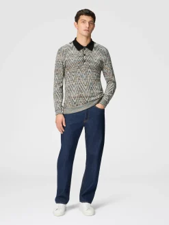 Long-sleeved polo shirt in slub pattern wool