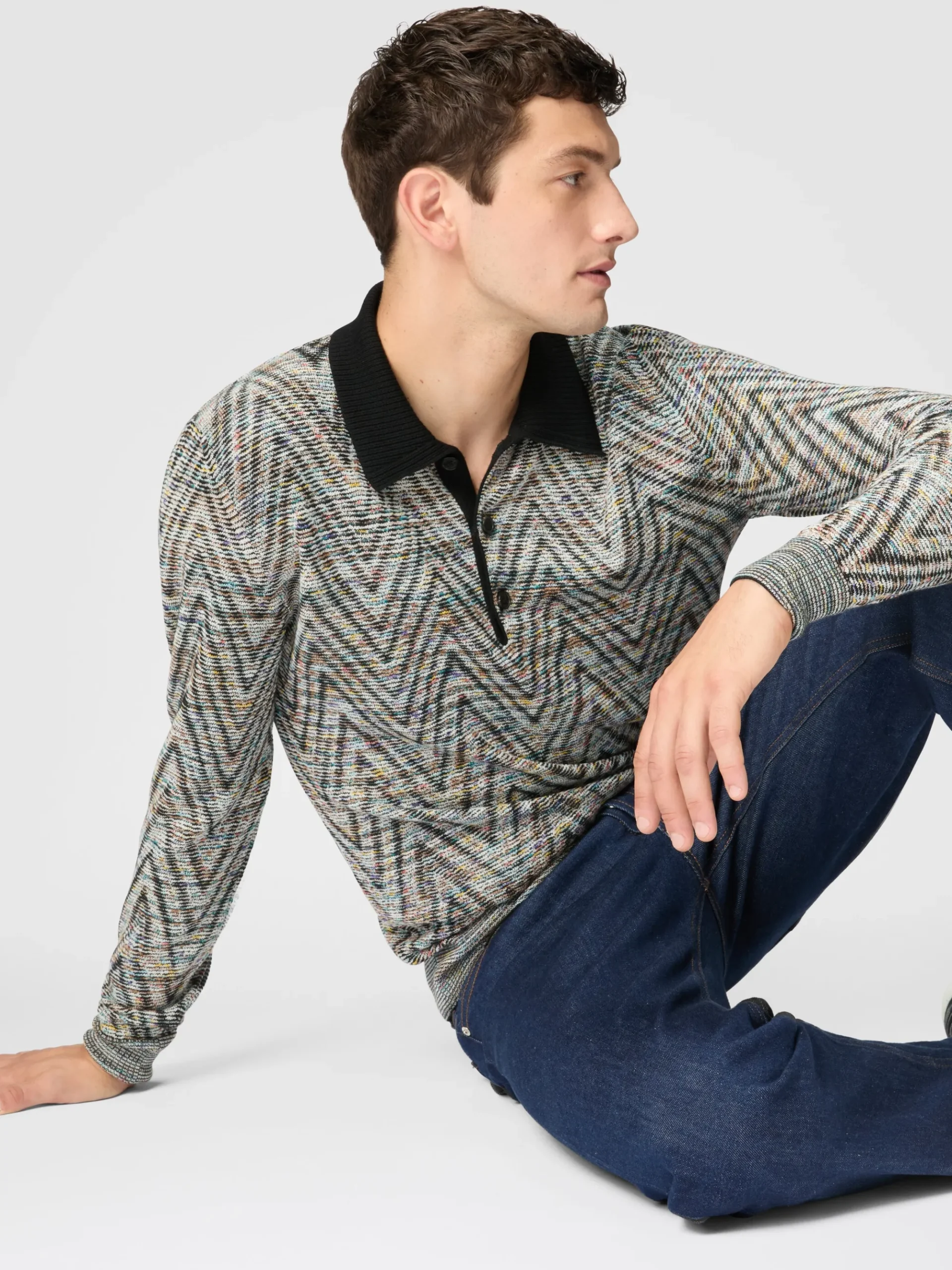 Long-sleeved polo shirt in slub pattern wool