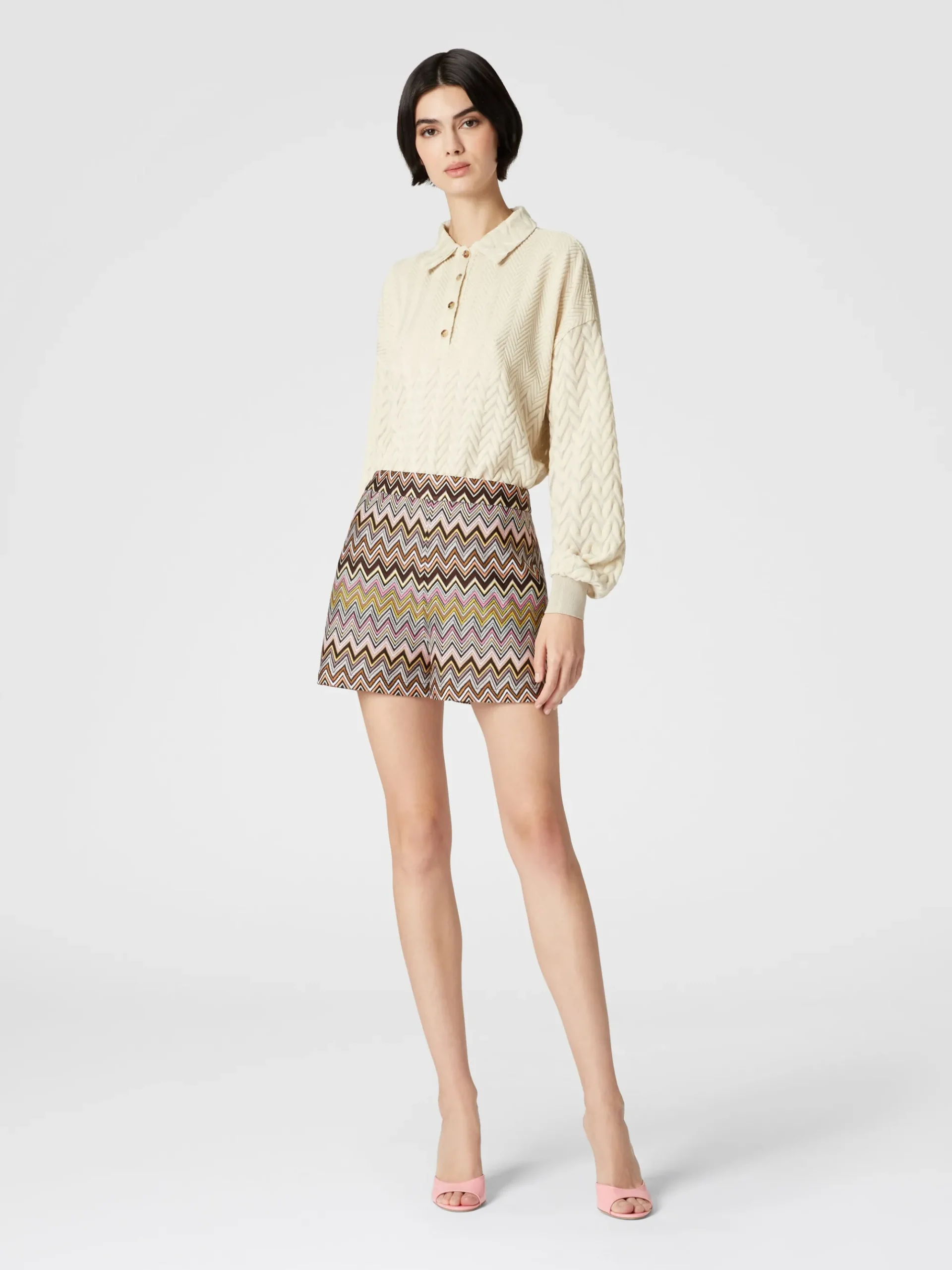 Long-sleeved polo shirt with tone-on-tone chevron