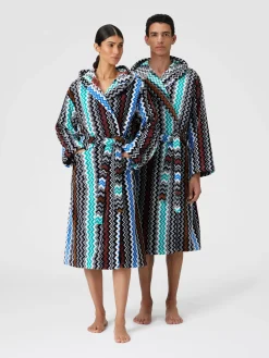 Neoclassic bathrobe in cotton terry with zigzag pattern