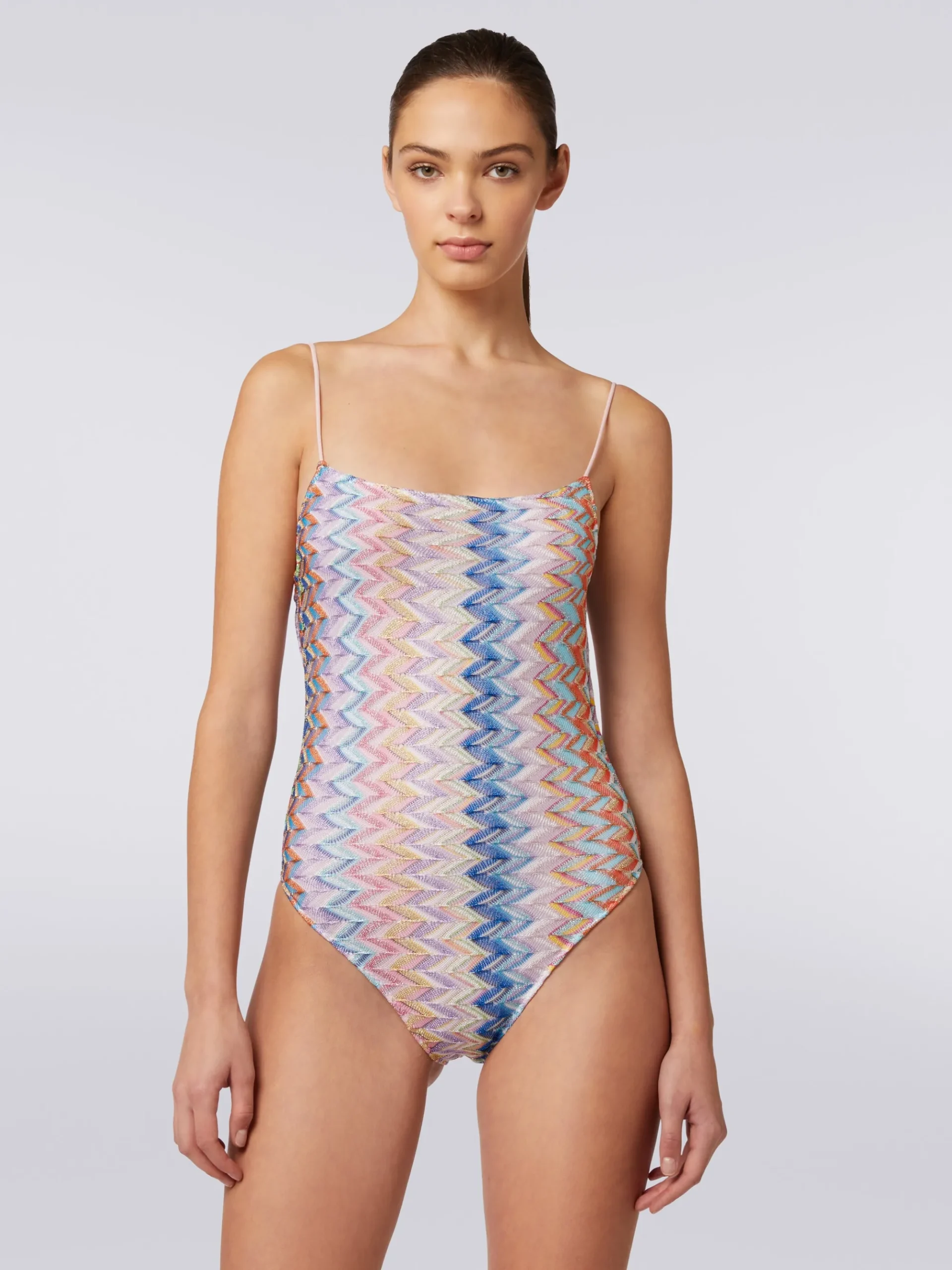 One-piece lamé swimming costume with thin adjustable straps