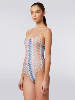 One-piece lamé swimming costume with thin adjustable straps